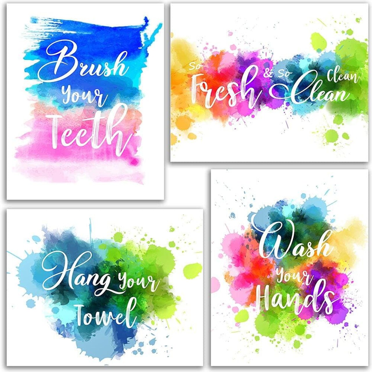 Watercolor Decor Bathroom Wall Art Prints, Funny Brush Wash Wall Decor, Colorful Abstract Paint Splats, Inspirational Quotes Poster for Bathroom Nursery Wall Art Prints Set of 4 (8”X10”) Unframed